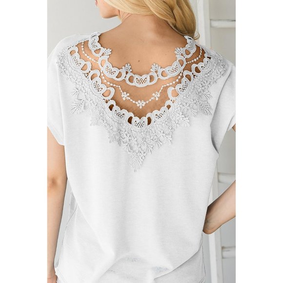 CY Fashion Stone Grey Crochet Back Detail V Neck Short Sleeve Top NEW - Picture 3 of 3